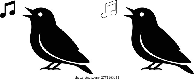 Two black bird silhouettes are depicted singing, accompanied by musical notes, creating a cheerful and melodic visual.