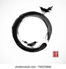 Two black birds and black enso zen circle on white background. Hieroglyph - clarity.