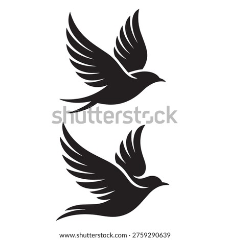 Two black birds flying with wings spread. Freedom, nature, soaring, migration, graceful.
