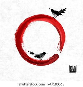 Two black birds and red enso zen circle on rice paper background. Traditional oriental ink painting sumi-e, u-sin, go-hua. Hieroglyph - clarity.