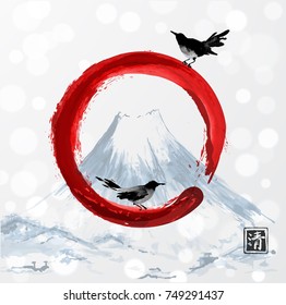 Two black birds and red enso zen circle on background with Fujiyama mountain. Traditional oriental ink painting sumi-e, u-sin, go-hua. Hieroglyph - clarity.