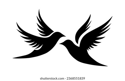 Two black birds silhouette, dove of peace. Symbol sign for geopolitics theme. Stop war, pray for Ukraine. Support Ukraine, no war. Black pigeons silhouette, isolated on white background.