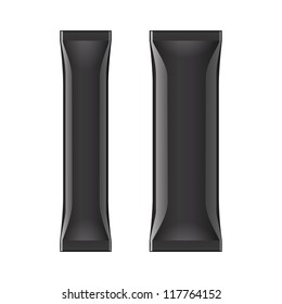 Two Black Blank Foil Packaging Coffee, Salt, Pepper Or Spices Stick Plastic Pack Ready For Your Design. Snack Product Packing Vector EPS10