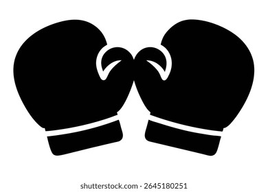 Two black boxing gloves are depicted in a simple silhouette style against a white background The gloves are positioned facing each other suggesting a confrontation or readiness for a fight.