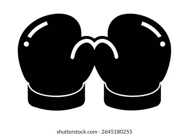 Two black boxing gloves are depicted in a simple silhouette vector illustration against a white background The gloves are positioned facing each other with a slight overlap.