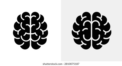 Two black brain displayed side by side on white and light gray backgrounds representing human intelligence and cognitive mental health