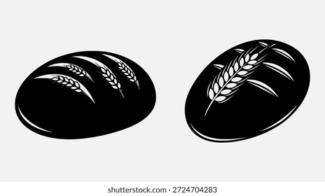 Dos panes de pan negro con ilustraciones de trigo sobre un fondo blanco