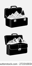 Dos maletines negros con ilustraciones de paisajes de montaña en el interior, uno en blanco y el otro en negro, sobre un fondo liso.
