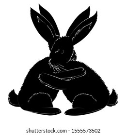 Two black bunnies hug each other. Silhouette of cute bunnies.