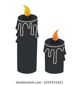 Two black burning candles for Halloween, spooky atmosphere. Vector illustration for dark, mysterious gothic mood of holiday, candle icon perfect for horror themes and Halloween decorations