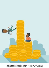 Two black businessman one sitting with self confidence on the top of a coin while the other one, competitor feel sad on his falling down from higher piled coin as a symbol of unsuccessful business. A