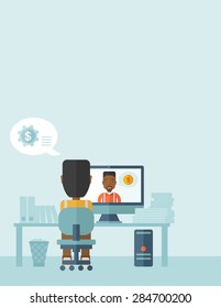 Two black businessmen is having a conversation in online set up, talking about business plan. Partnership concept.  A contemporary style with pastel palette soft blue tinted background. Vector flat