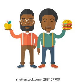 A two black businessmen standing and comparing Apple to hamburger of which is healthy food. A Contemporary style with pastel palette, soft beige tinted background. Vector flat design illustration