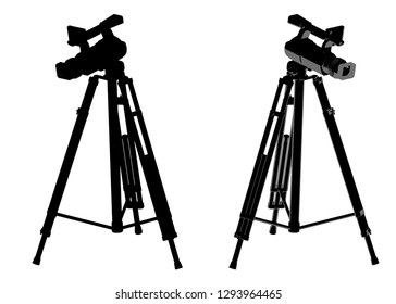 Two black cameras with a tripod on a white background