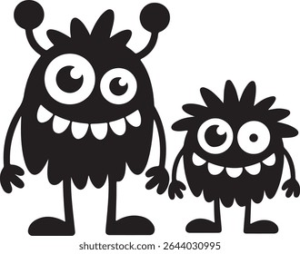 Two black cartoon monsters with large white eyes and teeth stand side by side against a white background. The larger monster has antenna-like protrusions on its head. The style is simple and playful.