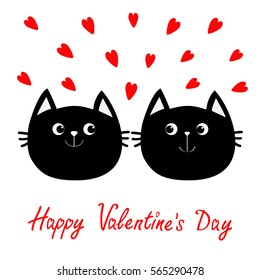 Two black cat head couple family icon. Red heart set. Cute funny cartoon character. Happy Valentines day Greeting card. Kitty Whisker Baby pet collection. White background Isolated Flat design Vector