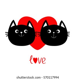 Two black cat head couple family icon. Red heart. Cute funny cartoon character. Word love Valentines day Greeting card. Kitty Whisker Baby pet collection. White background Isolated Flat design. Vector