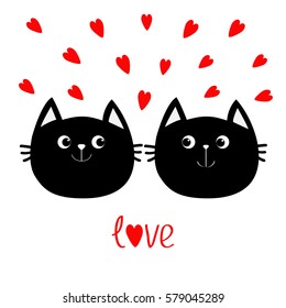 Two black cat head couple family icon. Red heart set. Cute funny cartoon character. Valentines day Love text Greeting card.