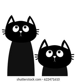 Two black cat set looking up. Friends forever. Cute cartoon character. Kawaii animal. Love Greeting card. Flat design style. White background. Isolated. Vector illustration