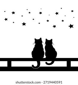 Two black cat silhouettes sitting together on a fence, gazing up at a starry night sky.