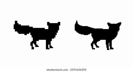 Two black cat silhouettes stand facing opposite directions, each displaying a raised, fluffy tail.