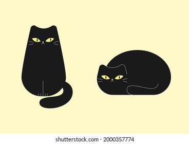 Two black cats. Adorable cute cats of various breeds sitting, lying, walking. Set of cute funny pets or domestic animals isolated on light background. Flat cartoon vector illustration.