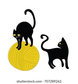 Two black cats with ball of wool. Vector illustration on white background
