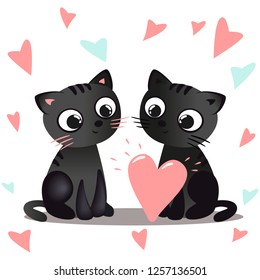 two black cats, black cat, black cat, cartoon style illustration, valentines day card  