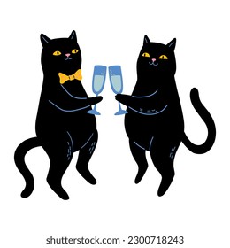 Two Black Cats With Champagne Glasses