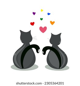 Two black cats and colored hearts on white background. Pride concept