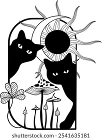 Two black cats gazing curiously at colorful mushrooms beneath a stylized sun and crescent moon