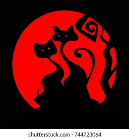 Two Black Cats Halloween vector Hell Red Background