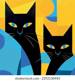 Dos gatos negros. Ilustración de vector de dibujo hecha a mano. Afiche de estilo retro. De estilo Art Deco. Color amarillo azul