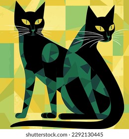 Two black cats. Handmade drawing vector illustration. Retro style poster. Art deco style. Green-yellow color