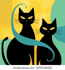 Two black cats. Handmade drawing vector illustration. Retro style poster. Art deco style. Green-yellow color