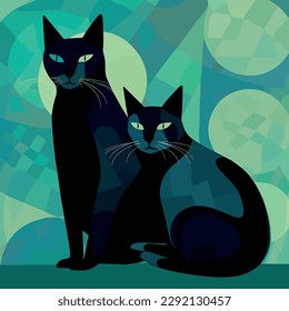 Two black cats. Handmade drawing vector illustration. Retro style poster. Art deco style. Blue-green color