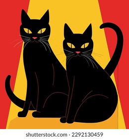 Two black cats. Handmade drawing vector illustration. Retro style poster. Art deco style. Red-yellow color