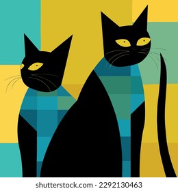 Two black cats. Handmade drawing vector illustration. Retro style poster. Art deco style. Green-yellow color