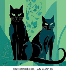 Two black cats. Handmade drawing vector illustration. Retro style poster. Art deco style. Blue-green color