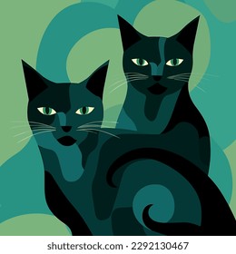 Two black cats. Handmade drawing vector illustration. Retro style poster. Art deco style. Blue-green color