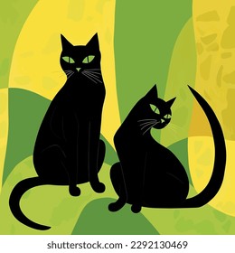 Dos gatos negros. Ilustración de vector de dibujo hecha a mano. Afiche de estilo retro. De estilo Art Deco. Color amarillo verde