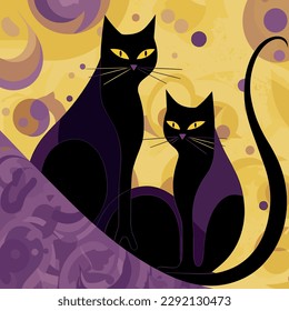 Two black cats. Handmade drawing vector illustration. Retro style poster. Art deco style. Purple-yellow color