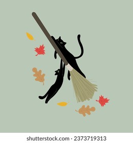 Two black cats hanging on a witch's broom and autumn leaves are falling around and there is a Halloween atmosphere