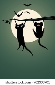 Two black cats hanging on a branch. Moon and bats on the background