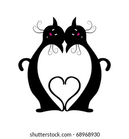 Two black cats with heart between them