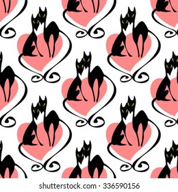 Two black cats and heart. Seamless pattern.