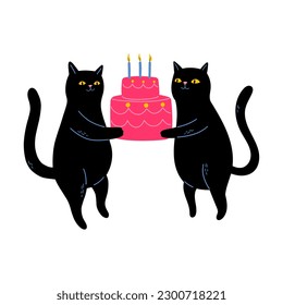 Two Black Cats Holding Birthday Cake