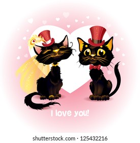 Two black cats in love. Black cat and white cat in love. Greeting Card Valentine's Day, wedding invitation.