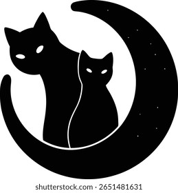 Two black cats nestled on a crescent moon graphic ideal for Halloween pet products apparel logos or mystical themed designs a captivating mysterious mood perfect for branding