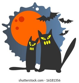 Two black cats on a moon background. Halloween illustration.